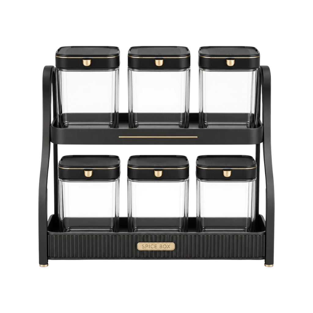 Vixra 2-Tier Spice Rack & Jars Set - 6-Piece Condiment Storage Organizer (Black & Gold)