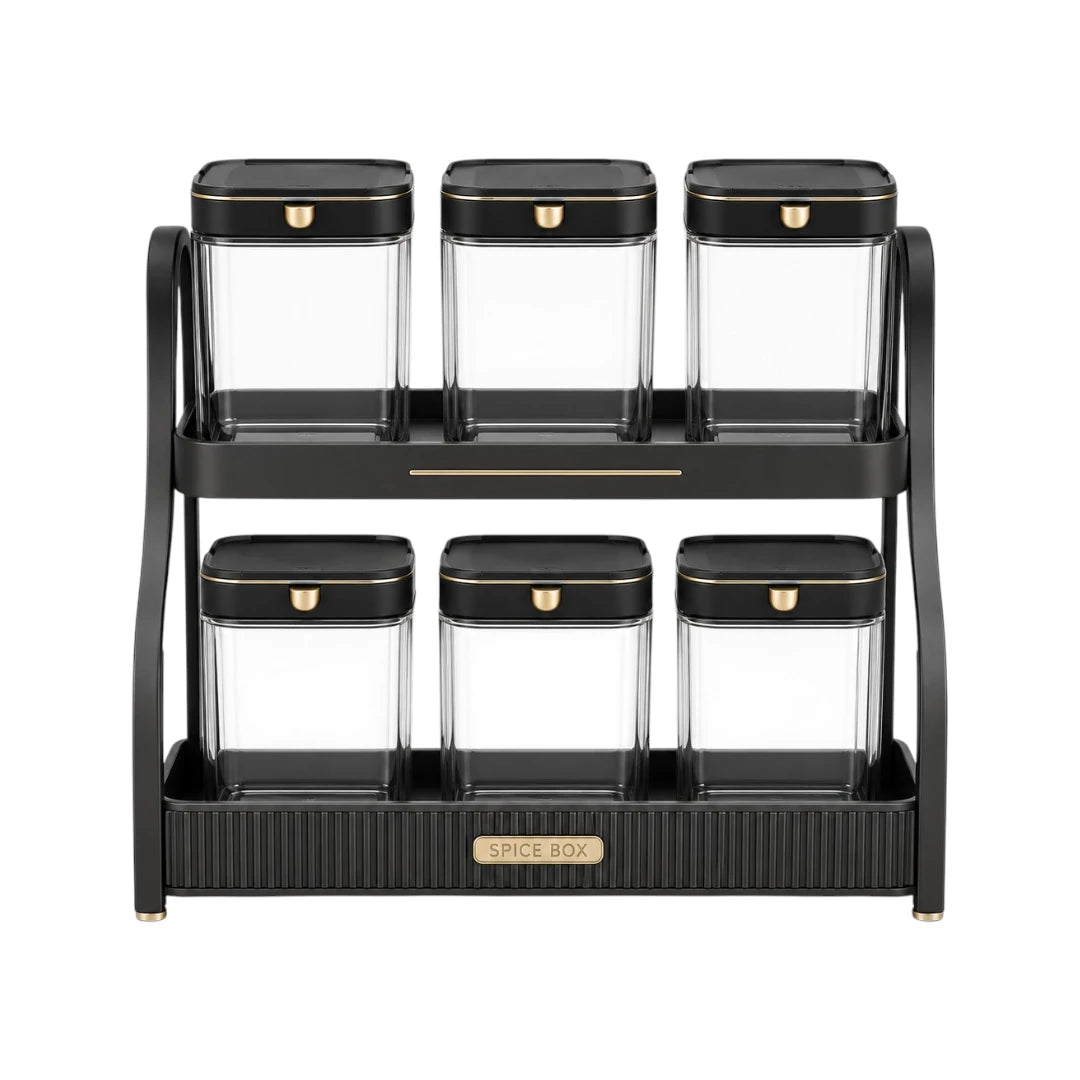 Vixra 2-Tier Spice Rack & Jars Set - 6-Piece Condiment Storage Organizer (Black & Gold)