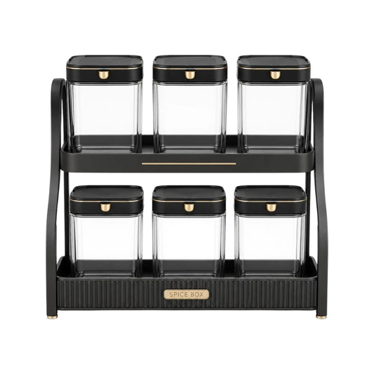 Vixra 2-Tier Spice Rack & Jars Set - 6-Piece Condiment Storage Organizer (Black & Gold)