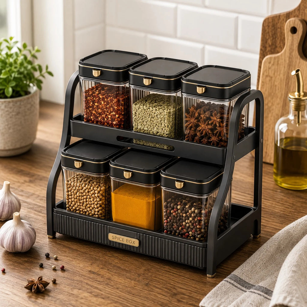 Vixra 2-Tier Spice Rack & Jars Set - 6-Piece Condiment Storage Organizer (Black & Gold)