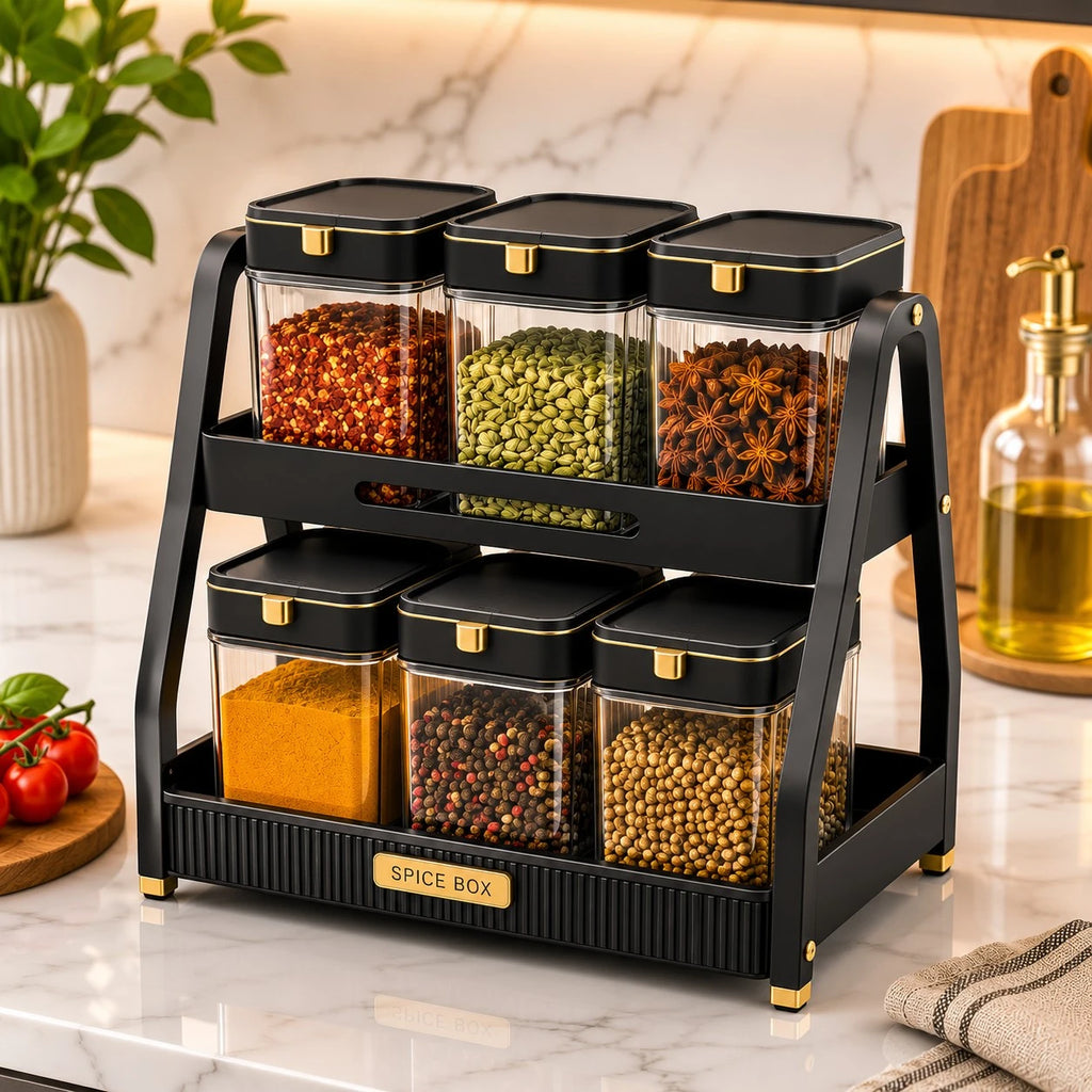 Vixra 2-Tier Spice Rack & Jars Set - 6-Piece Condiment Storage Organizer (Black & Gold)