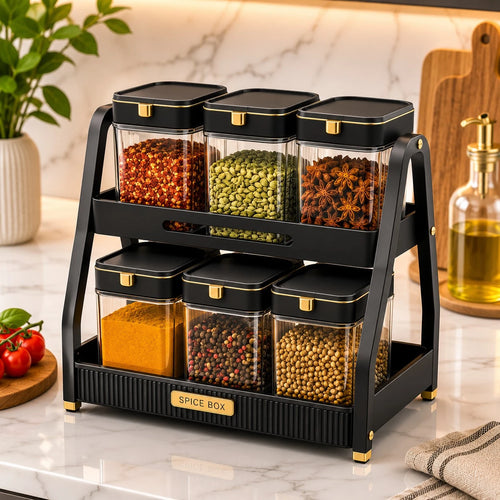 Vixra 2-Tier Spice Rack & Jars Set - 6-Piece Condiment Storage Organizer (Black & Gold)