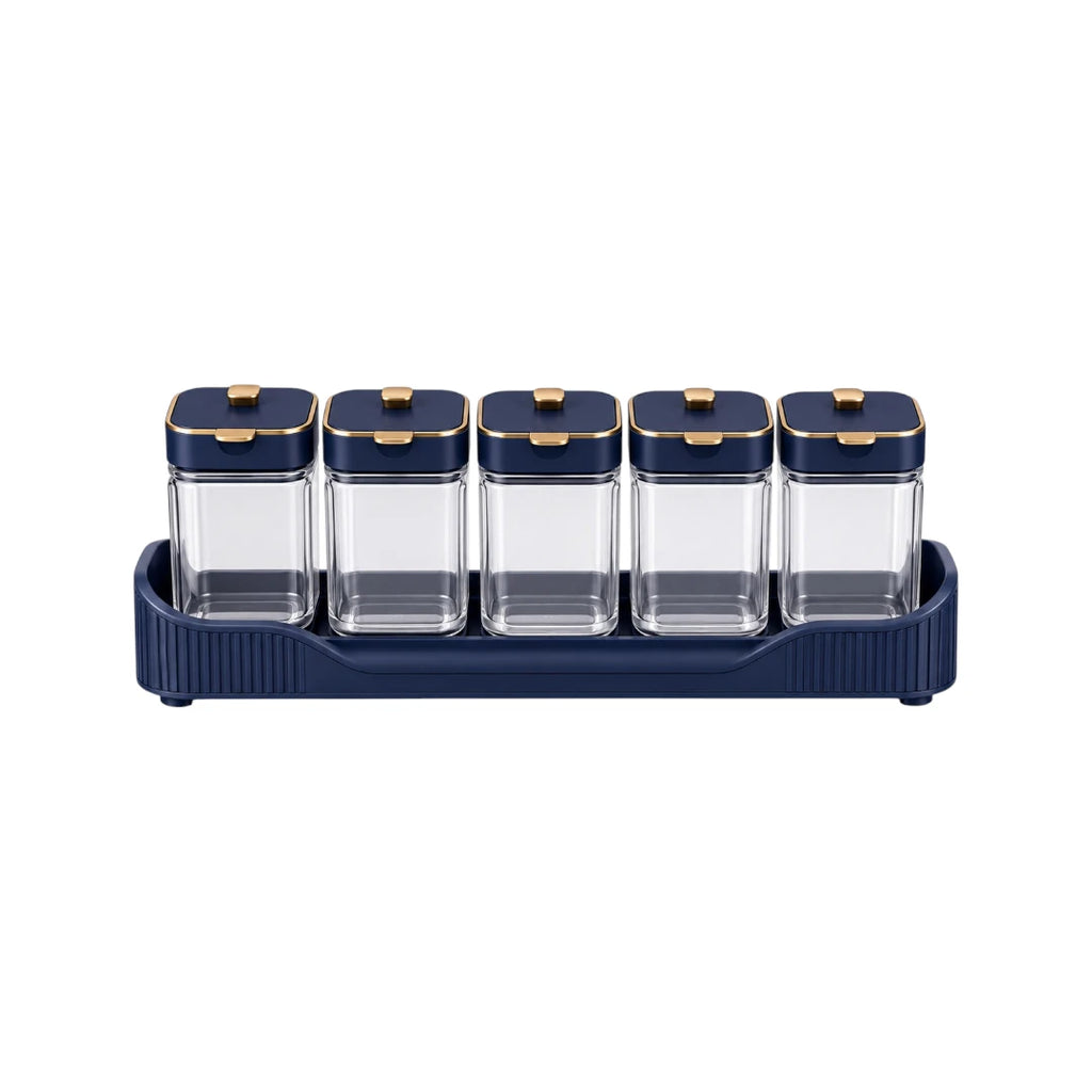 Vixra Linear Spice Rack & Jars Set - 5-Piece Condiment Storage Organizer (Navy Blue & Gold)