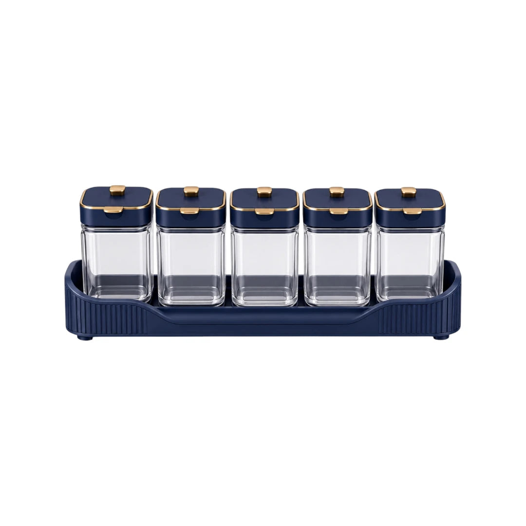 Vixra Linear Spice Rack & Jars Set - 5-Piece Condiment Storage Organizer (Navy Blue & Gold)