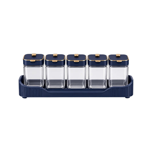 Vixra Linear Spice Rack & Jars Set - 5-Piece Condiment Storage Organizer (Navy Blue & Gold)