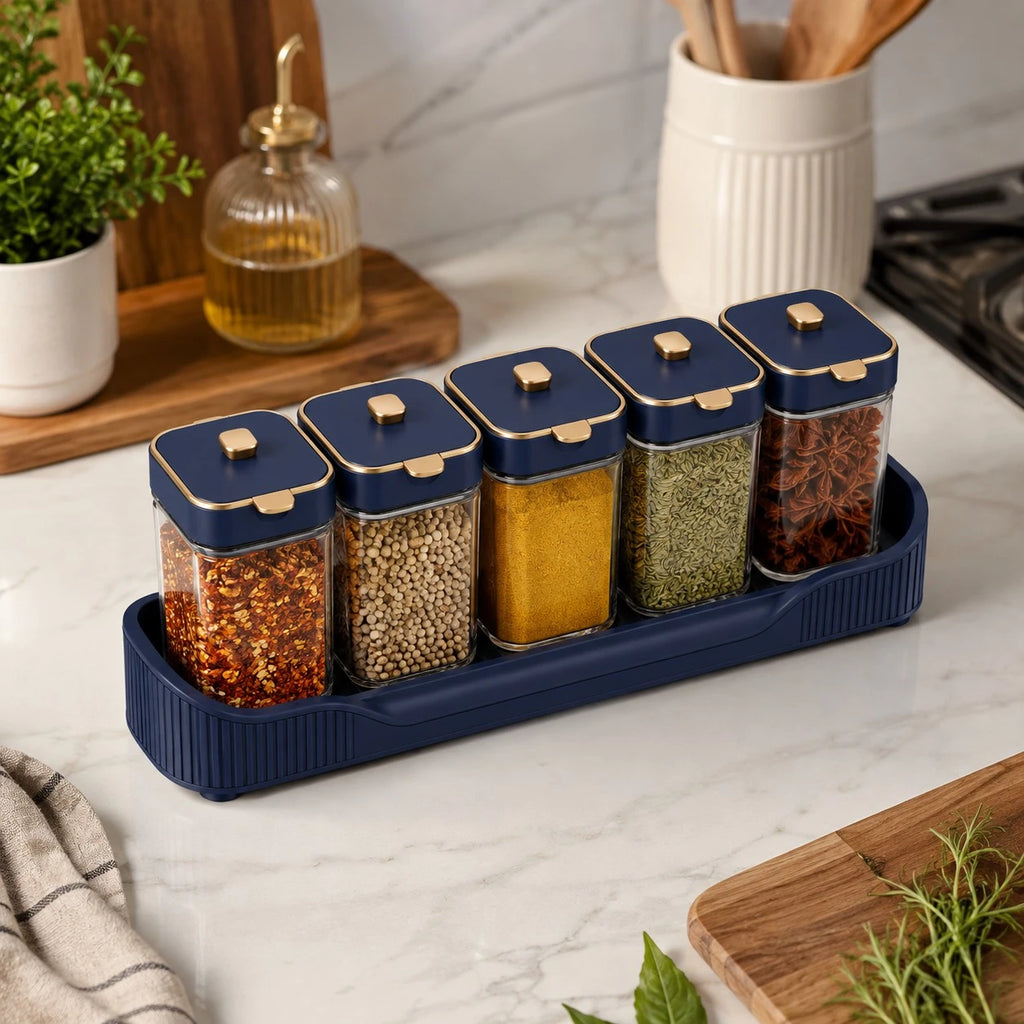 Vixra Linear Spice Rack & Jars Set - 5-Piece Condiment Storage Organizer (Navy Blue & Gold)
