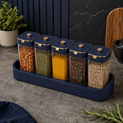 Vixra Linear Spice Rack & Jars Set - 5-Piece Condiment Storage Organizer (Navy Blue & Gold)