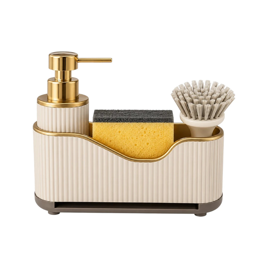 Vixra Luxury Kitchen Sink Caddy - Soap Dispenser & Sponge Holder Set (Beige & Gold)