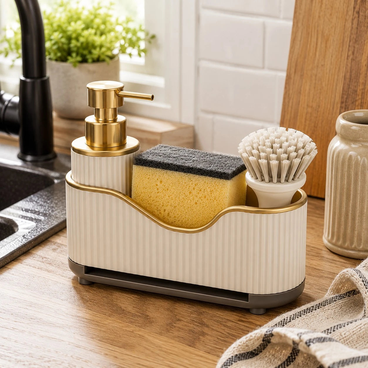 Vixra Luxury Kitchen Sink Caddy - Soap Dispenser & Sponge Holder Set (Beige & Gold)