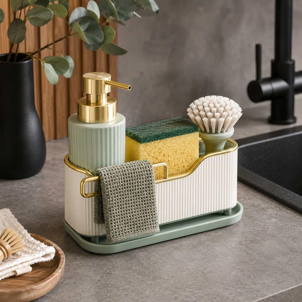 Vixra Luxury Kitchen Sink Caddy - Soap Dispenser & Sponge Holder Set (Beige & Gold)