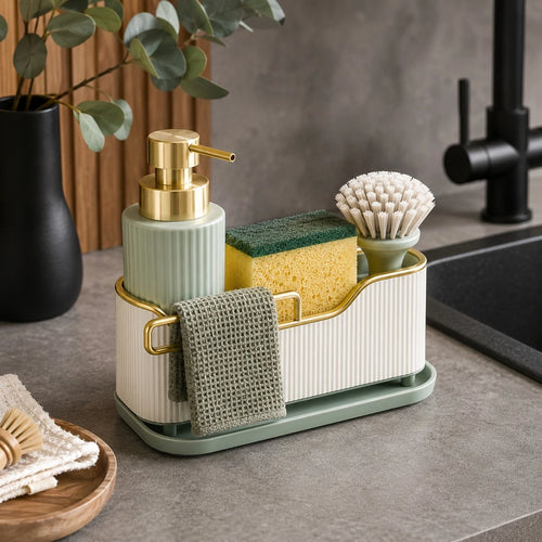 Vixra Luxury Kitchen Sink Caddy - Soap Dispenser & Sponge Holder Set (Beige & Gold)