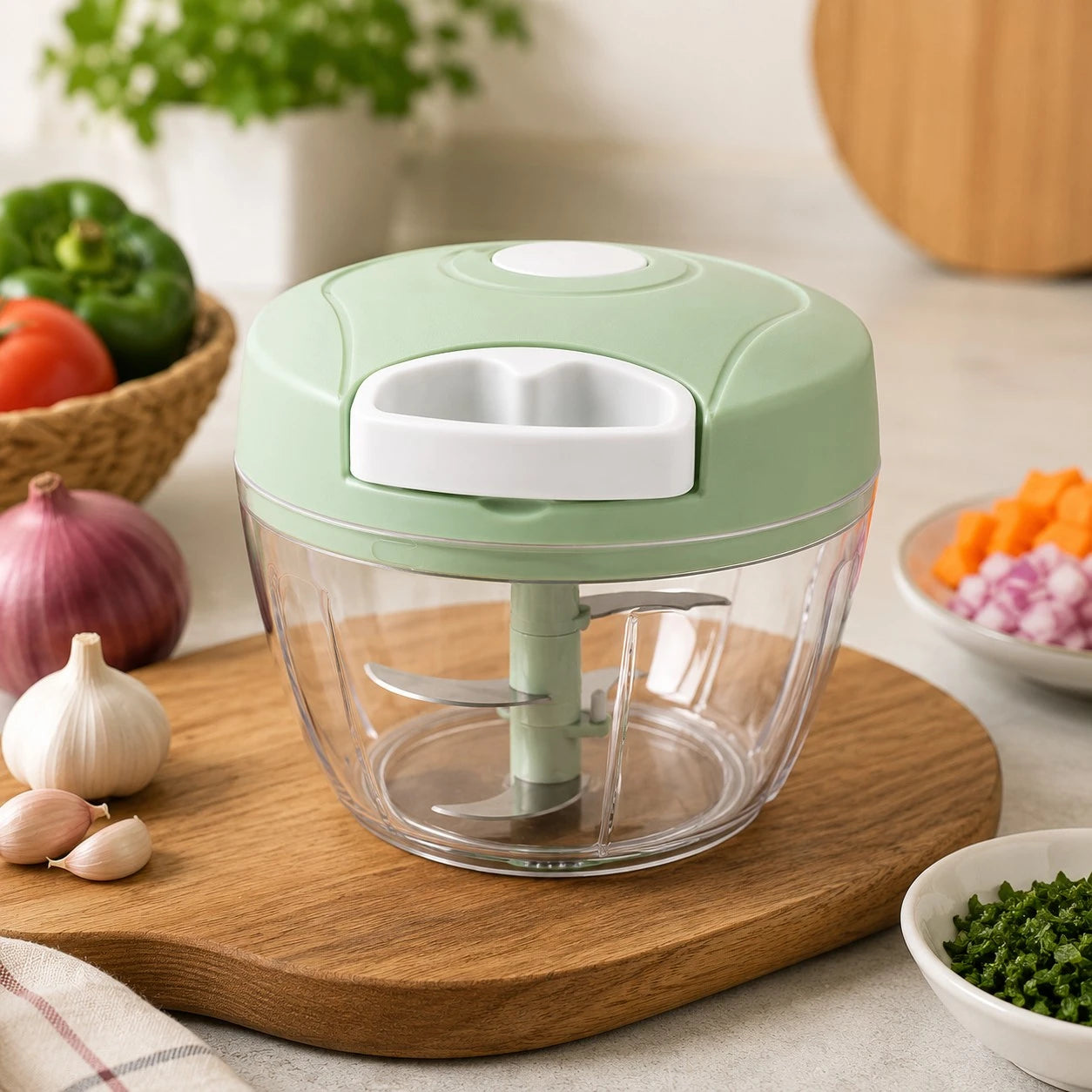 Vixra Manual Hand-Pull Vegetable Chopper - 4-Blade Food Processor (Pastel Green)