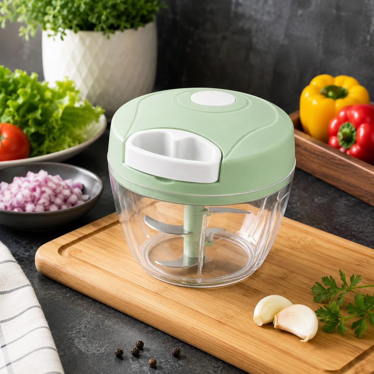 Vixra Manual Hand-Pull Vegetable Chopper - 4-Blade Food Processor (Pastel Green)
