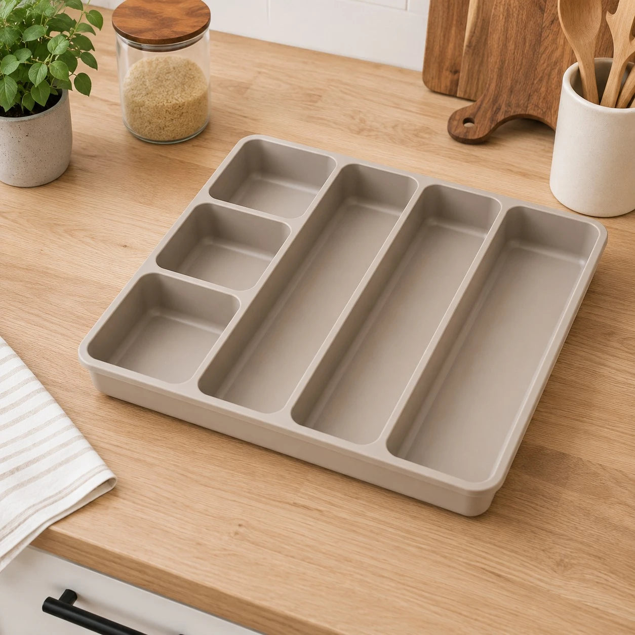 Vixra Minimalist Kitchen Drawer Organizer - 5-Compartment Cutlery Tray (Taupe)