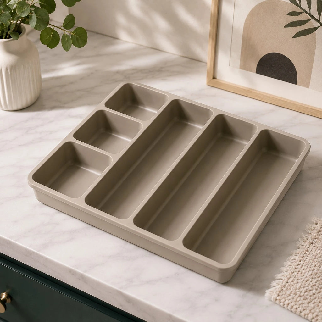 Vixra Minimalist Kitchen Drawer Organizer - 5-Compartment Cutlery Tray (Taupe)