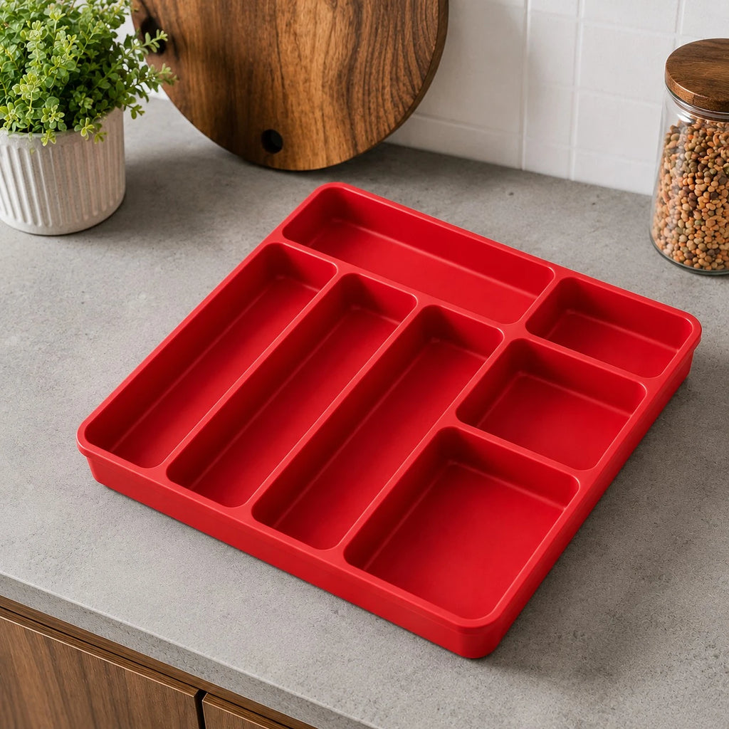 Vixra Minimalist Kitchen Drawer Organizer - Multi-Compartment Cutlery Tray (Red)