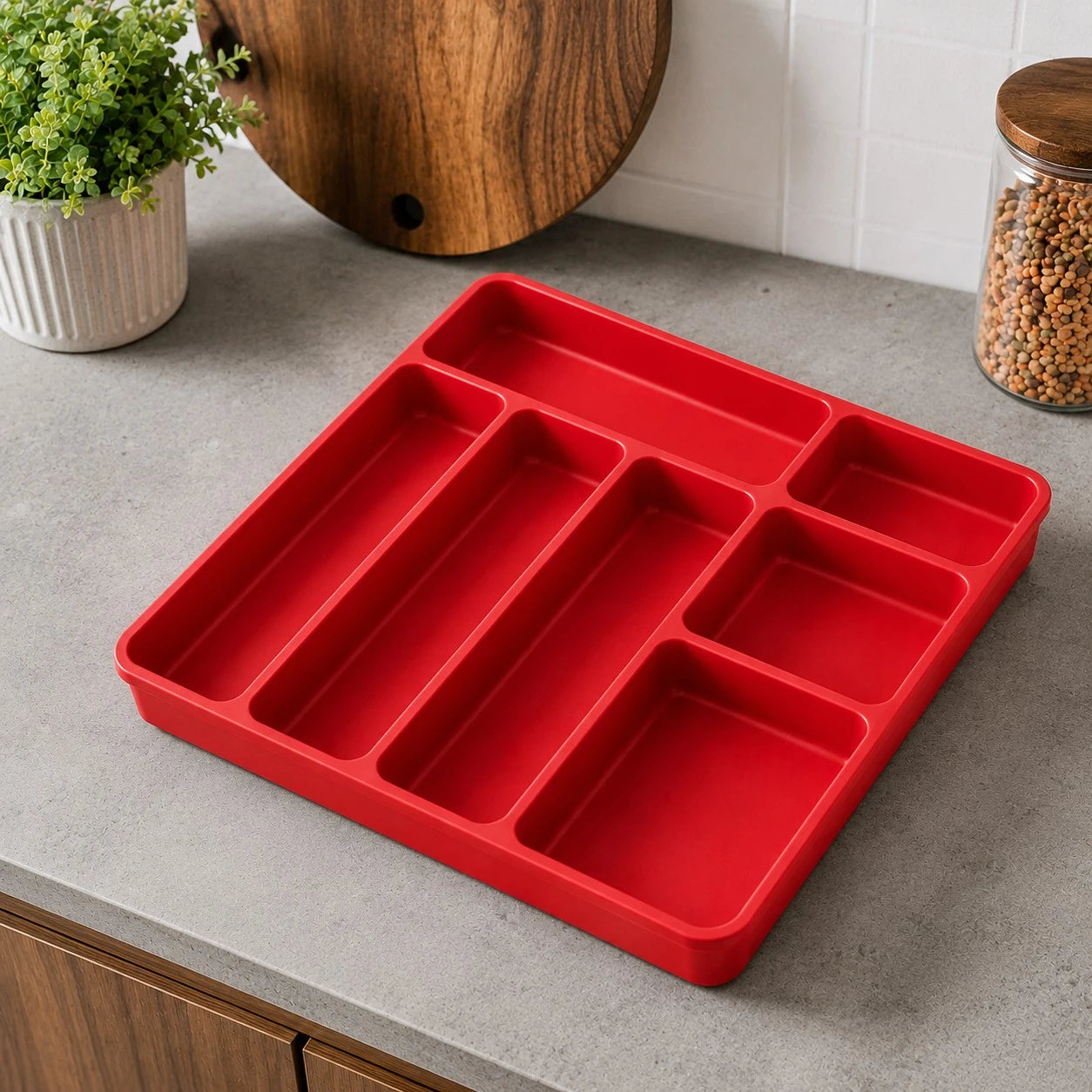 Vixra Minimalist Kitchen Drawer Organizer - Multi-Compartment Cutlery Tray (Red)
