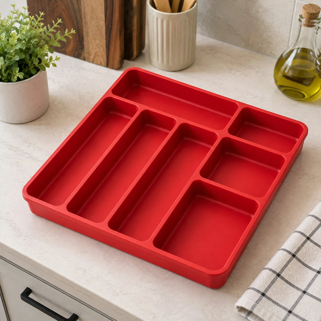 Vixra Minimalist Kitchen Drawer Organizer - Multi-Compartment Cutlery Tray (Red)