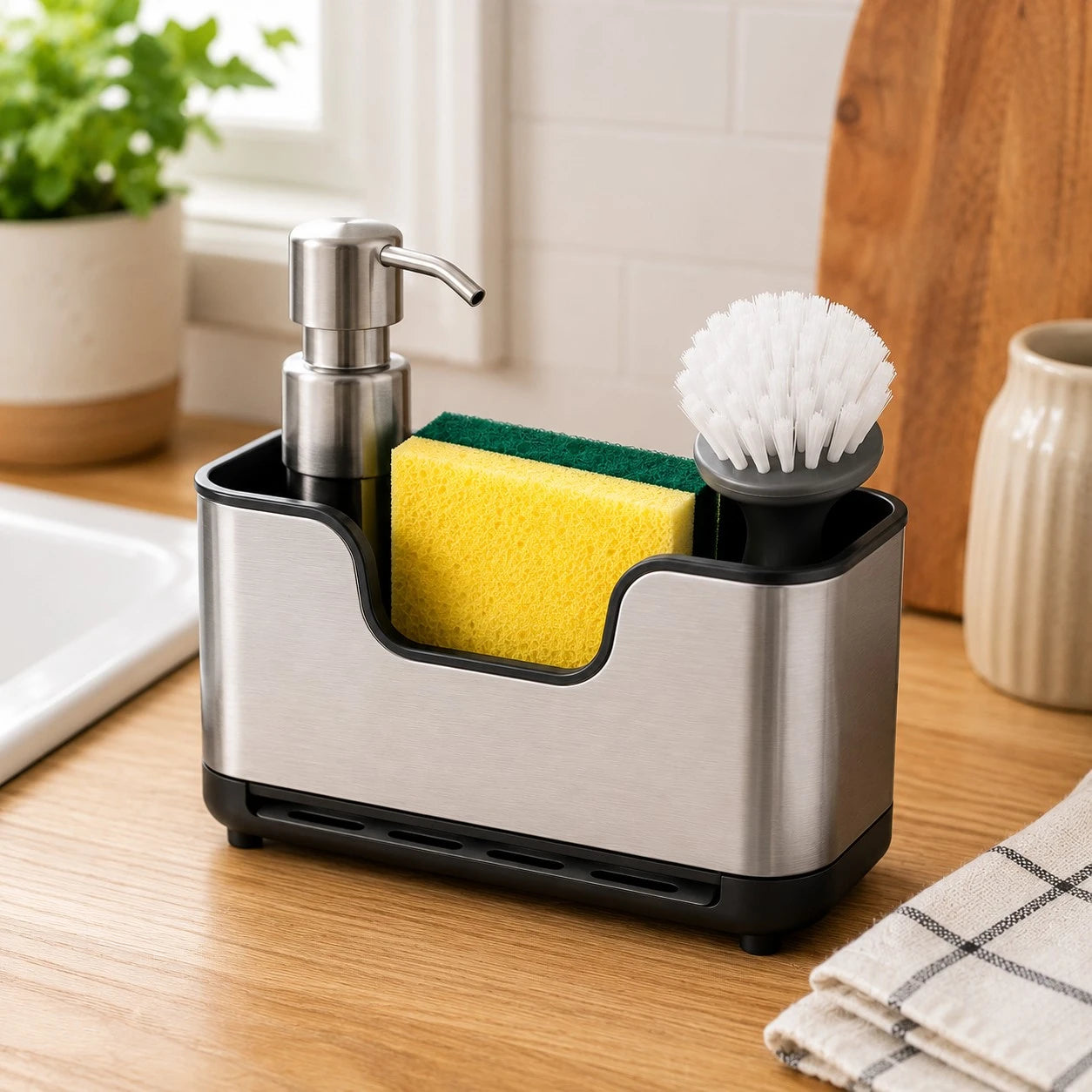 Vixra Stainless Steel Kitchen Sink Caddy - Sponge & Soap Dispenser Holder