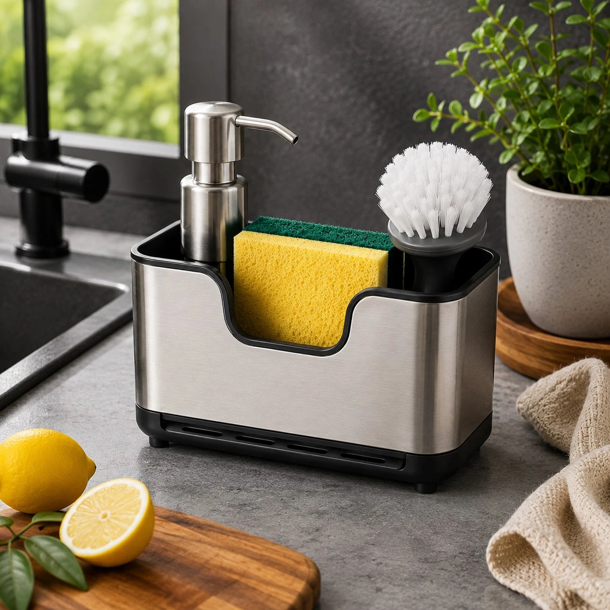 Vixra Stainless Steel Kitchen Sink Caddy - Sponge & Soap Dispenser Holder